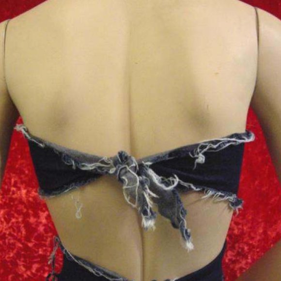 Nude Designs Denim Triangle destroyed tie top Small S Faded Wash Blue - Picture 2 of 2